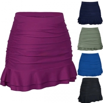 Fashion Solid Color High Waist Ruffle Hem Swimming Skirt