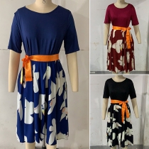 Fashion Short Sleeve Round Neck Printed Spliced Hem Dress