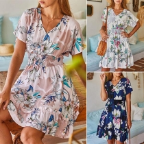 Sweet Style Short Sleeve V-neck High Waist Printed Dress