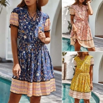 Bohemian Style Short Sleeve V-neck Printed Dress