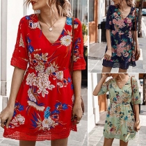 Fashion Half Sleeve V-neck High Waist Printed Dress