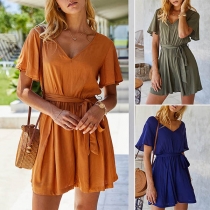 Fashion Solid Color Short Sleeve V-neck High Waist Romper