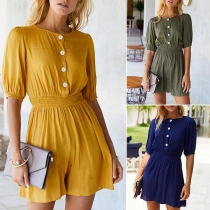 Fashion Solid Color Half Sleeve Round Neck High Waist Romper