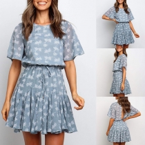 Sexy Backless Short Sleeve Round Neck Printed Dress