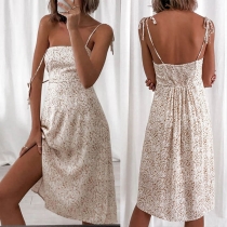 Sexy Backless Slit Hem Printed Sling Dress