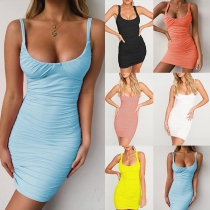 Sexy Backless U-neck Sleeveless Solid Color Slim Fit Dress