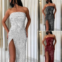 Sexy Strapless Slit Hem Sequin Party Dress