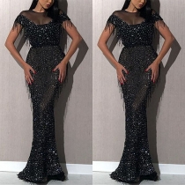 Sexy Tassel Spliced Short Sleeve Round Neck Sequin Party Dress