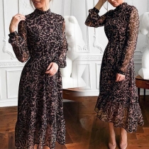 Fashion Long Sleeve Stand Collar Ruffle Hem Printed Dress