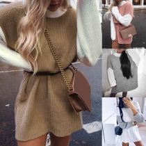 Fashion Contrast Color Long Sleeve Round Neck Sweater Dress