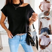 Sexy Off-shoulder Short Sleeve Solid Color T-shirt
