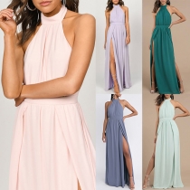 Sexy Backless Slit Hem Solid Color High Waist Halter Dress