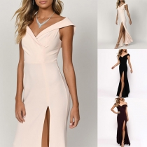 Sexy V-neck Slit Hem Sleeveless Solid Color Party Dress