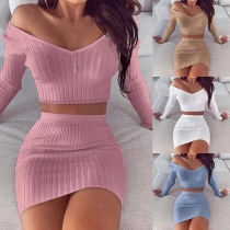 Sexy Long Sleeve V-neck Crop Top + Skirt Two-piece Set