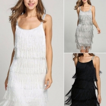 Sexy Backless Solid Color Tassel Sling Dress