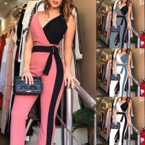 Sexy Backless V-neck High Waist Contrast Color Sling Jumpsuit