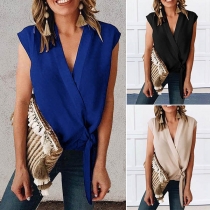 Fashion Solid Color Sleeveless V-neck Lace-up Top