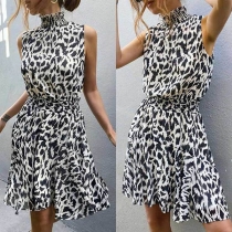 Fashion Sleeveless Ruffle Stand Collar Leopard Printed Dress