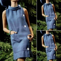 Fashion Solid Color Sleeveless Side-button Fishtail Dress