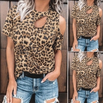 Sexy Off-shoulder Short Sleeve Round Neck Leopard Printed T-shirt