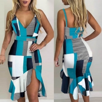 Sexy Backless V-neck Irregular Ruffle Hem Sling Printed Dress