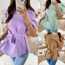 Fashion Solid Color Puff Sleeve Round Neck Top with Waist Strap