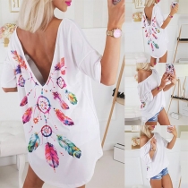 Sexy Backless Short Sleeve Round Neck Printed Top