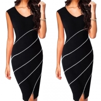 OL Style Sleeveless V-neck Slim Fit Striped Dress
