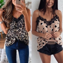 Sexy Backless V-neck Lace Spliced Printed Sling Top