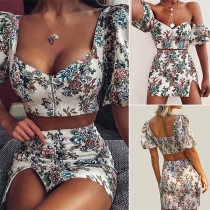 Sexy Puff Sleeve Square Collar Printed Crop Top + Skirt Two-piece Set