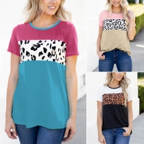 Fashion Contrast Color Leopard Spliced Short Sleeve T-shirt