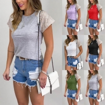 Fashion Sequin Spliced Short Sleeve Round Neck T-shirt