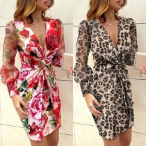Sexy V-neck See-through Lantern Sleeve Slim Fit Printed Dress