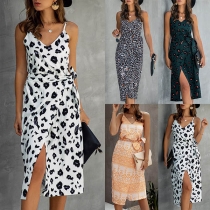 Sexy Backless V-neck Slit Hem Printed Sling Dress