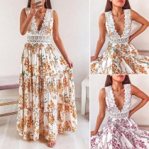 Sexy Backless V-neck Sleeveless High Waist Lace Spliced Printed Dress