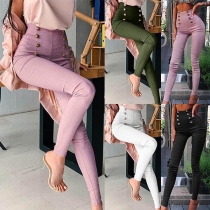 Fashion Solid Color High Waist Double-breasted Pencil Pants