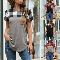 Fashion Plaid Spliced Short Sleeve Round Neck T-shirt