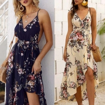 Sexy Backless V-neck Irregular Ruffle Hem Printed Sling Dress