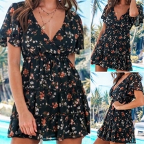 Sweet Style Lotus Sleeve V-neck Printed Dress