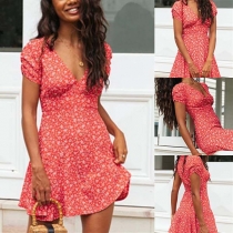 Sexy V-neck Short Sleeve High Waist Printed Dress