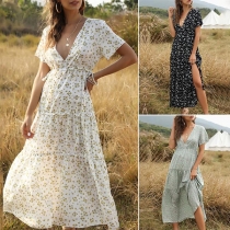 Bohemian Style Short Sleeve V-neck Printed Dress