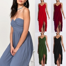 Sexy Backless V-neck Slit Hem Solid Color Sling Dress