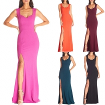 Elegant Solid Color Sleeveless V-neck Slit Hem Party Dress