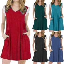 Fashion Lace Spliced Sleeveless V-neck Loose Dress