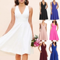Elegant Solid Color Sleeveless V-neck High Waist Dress