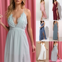 Sexy Backless V-neck Slit Hem Lace Spliced Sling Dress