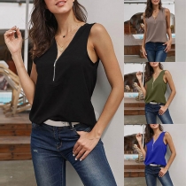 Fashion Solid Color Sleeveless Zipper V-neck Top