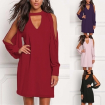 Sexy Off-shoulder Long Sleeve V-neck Solid Color Loose Dress