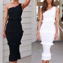 Sexy One-shoulder Sleeveless Solid Color Slim Fit Dress