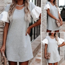 Fashion Contrast Color Lotus Sleeve Round Neck Dress